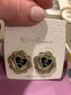 Gold-Tone Black Heart Crystal Stud Earrings